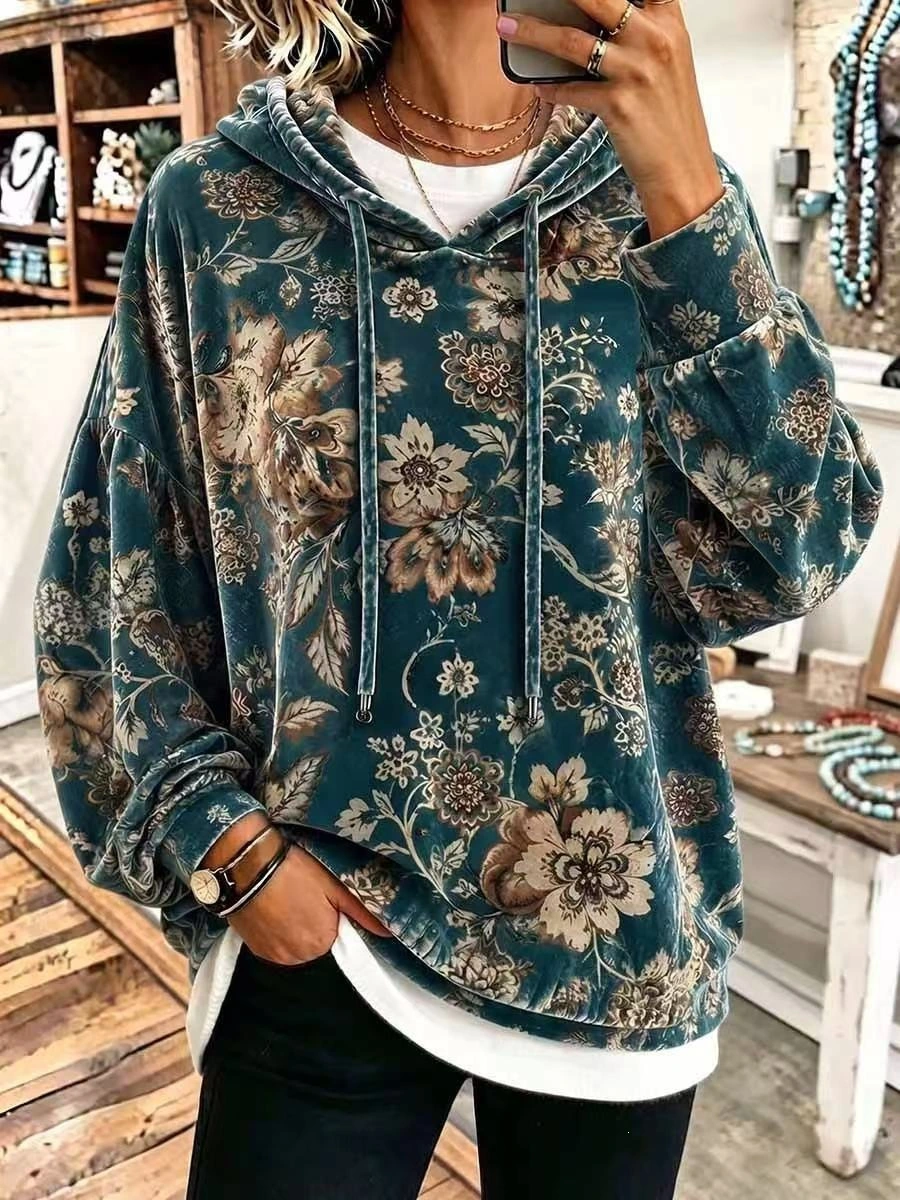 Vintage Floral Velour Drawstring Hoodie