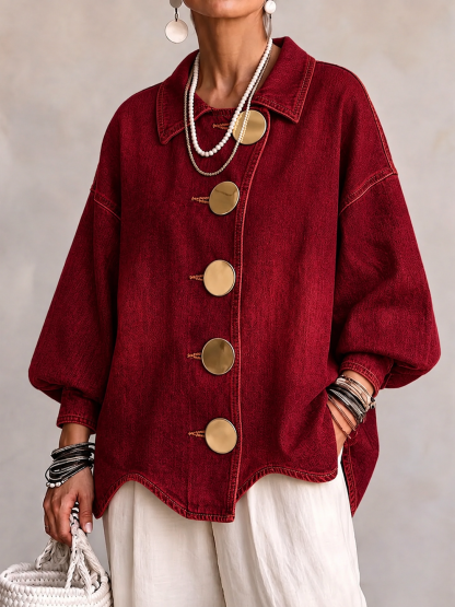 Collared Oversized Denim Jacket With Large Metal Buttons