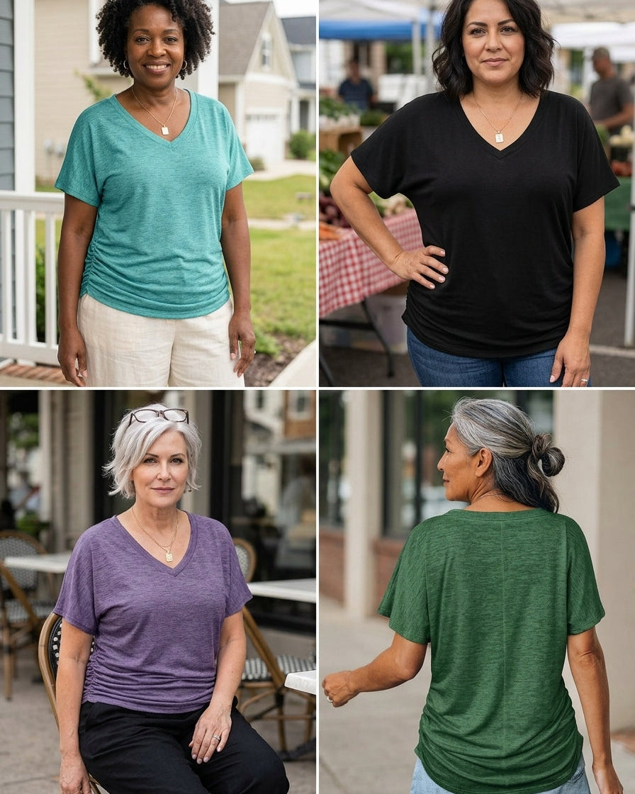 Soft V-Neck Dolman Loose Fit T-Shirt with Side Ruching