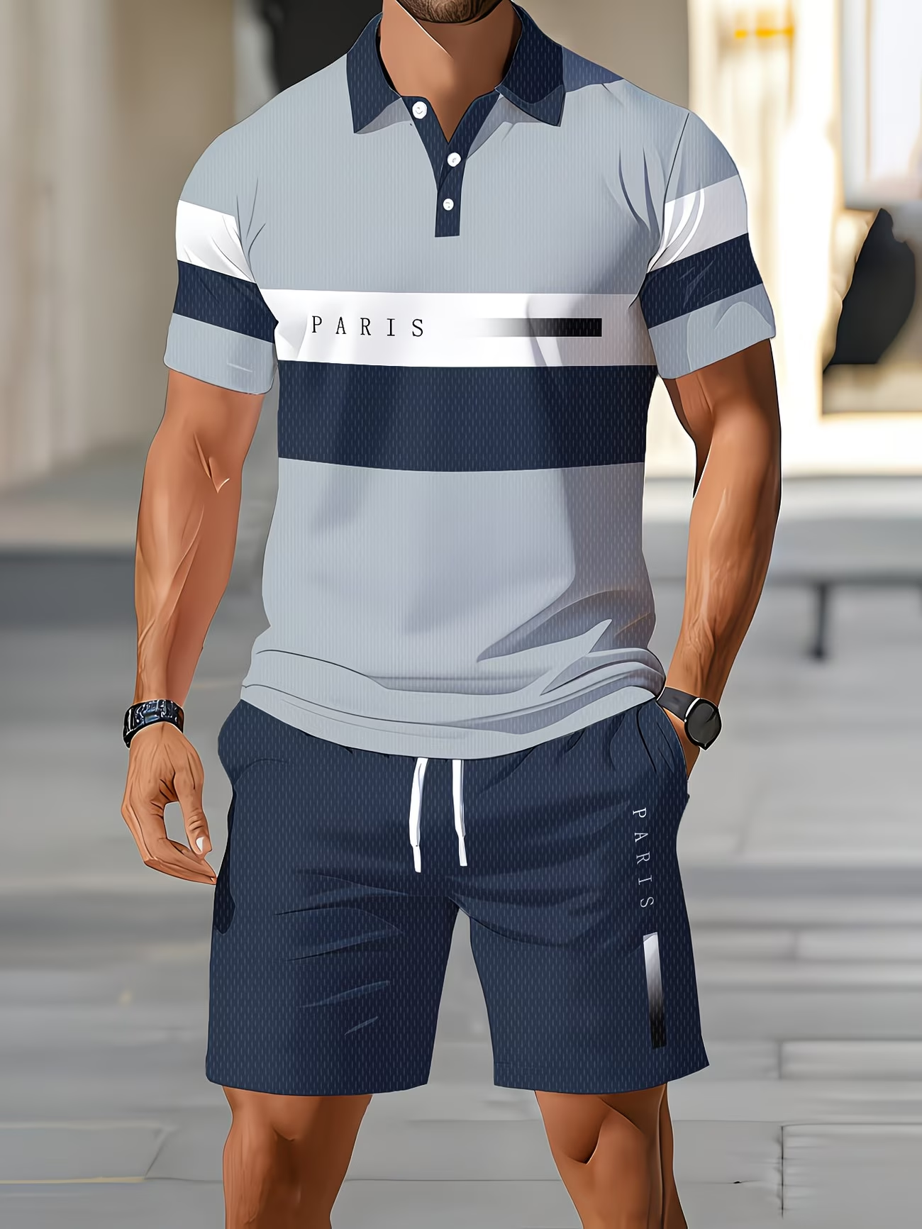 ⏰ Último día: ¡50% de descuento! 🔥 Conjunto de verano para hombre con polo a rayas y pantalones cortos.