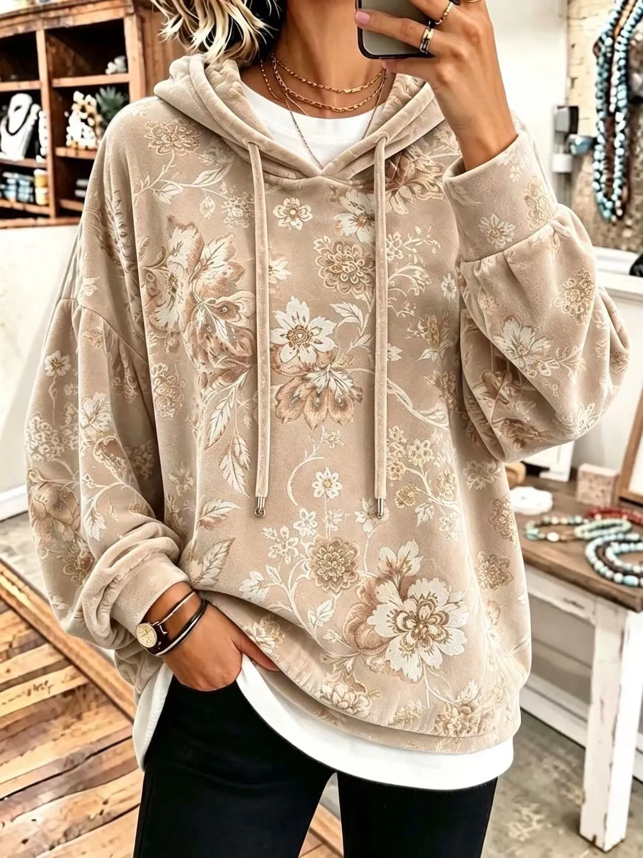 Vintage Floral Velour Drawstring Hoodie