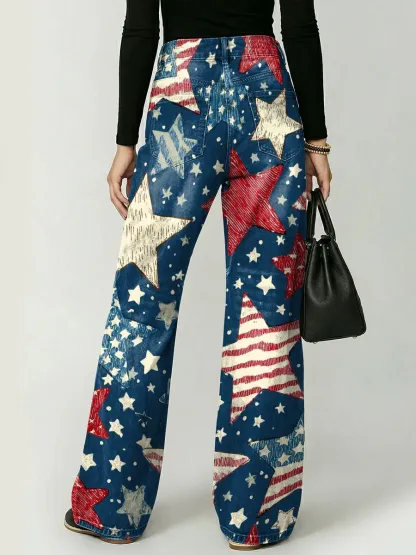 50% OFF Retro Graphic Print Wide Leg Pants Stylish Hollow Out Grommet Denim Trousers