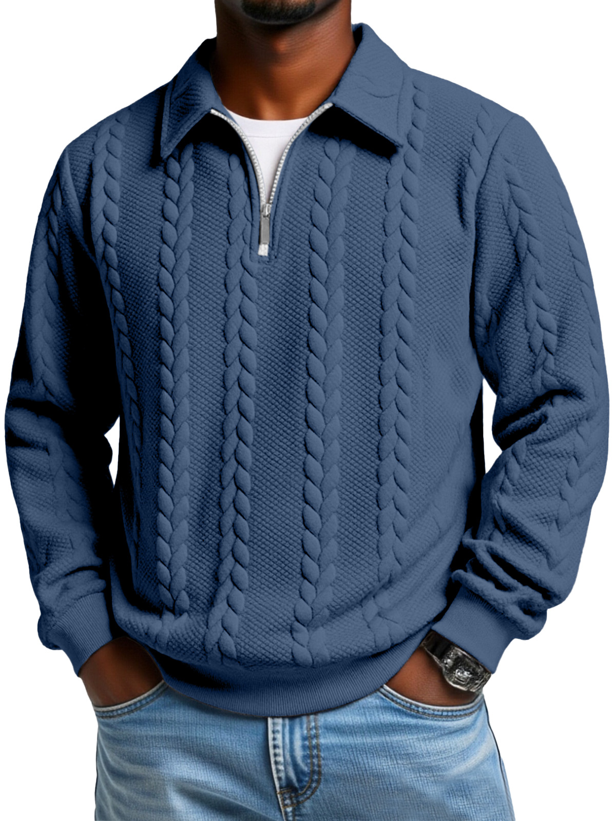 Men's Casual Solid Color Twist Texture Loose Long-sleeved Lapel Zipper Polo Shirt