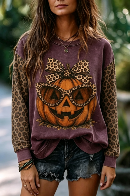 Vintage Halloween Leopard Pumpkin Print Sweatshirt
