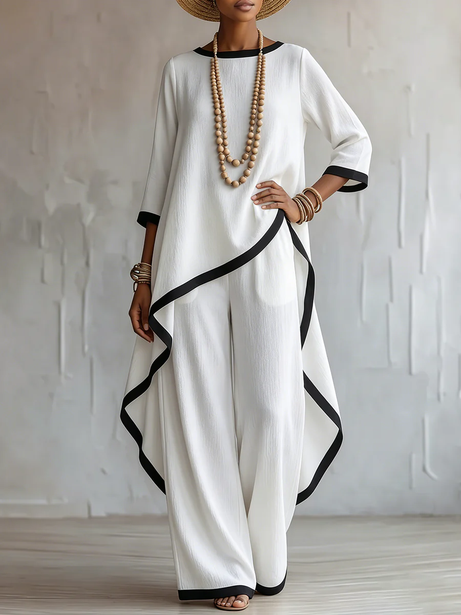 【Buy 2 Free Shipping】Stylish Cotton-linen Two-piece Set With Elegant Color-contrast Trim