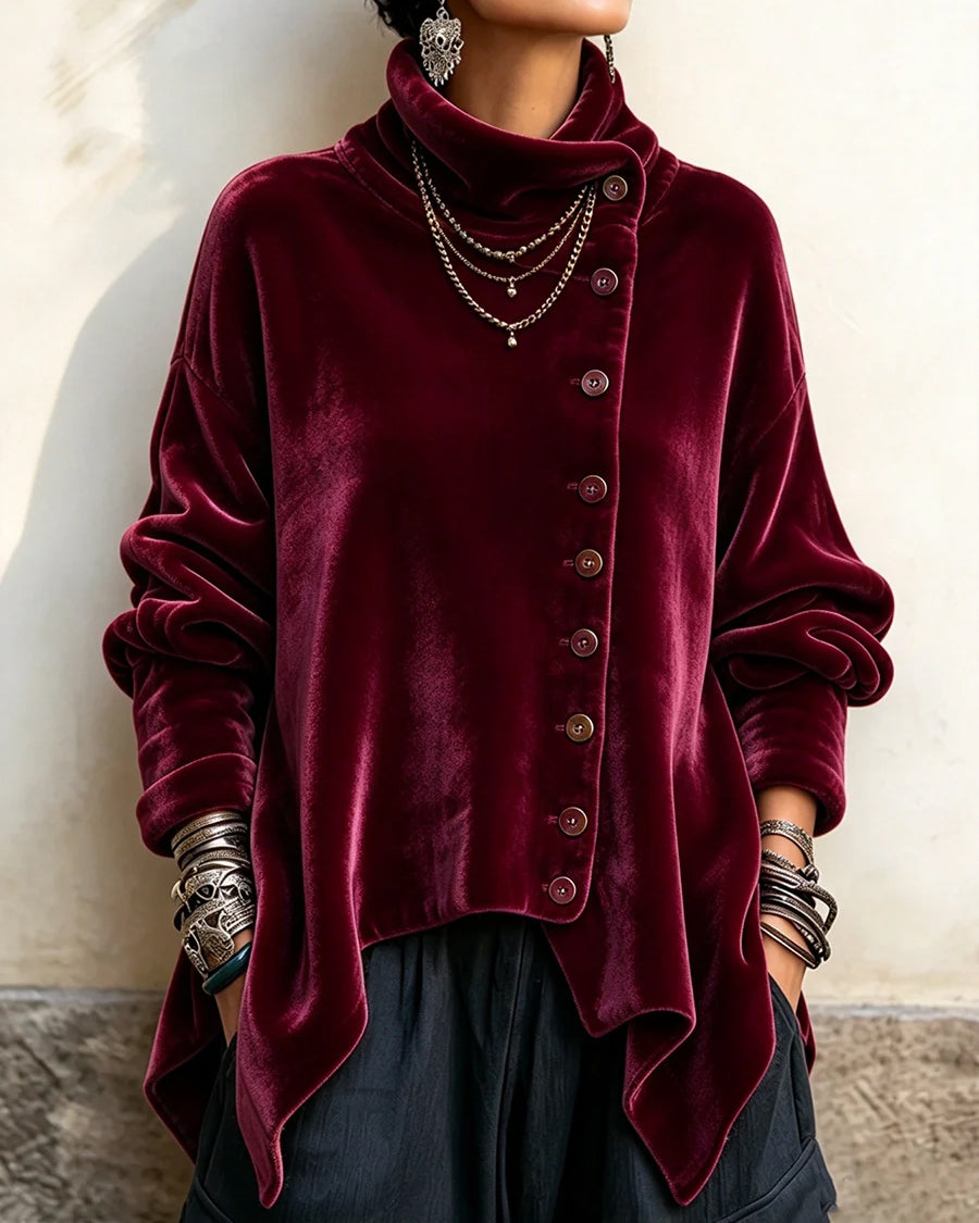 Women's Chic Velvet Asymmetric Button Turtleneck Top