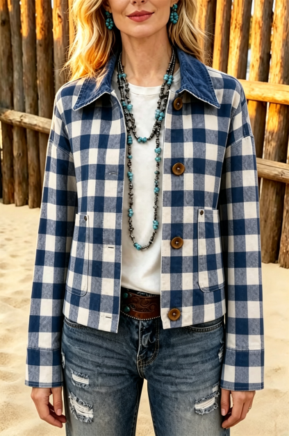Classic Plaid Front Pocket Corduroy Collar Jacket