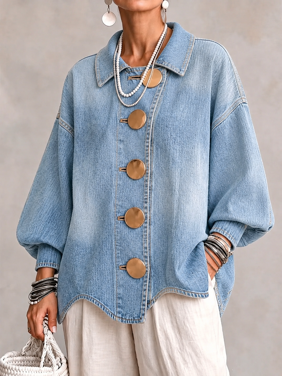 Collared Oversized Denim Jacket With Large Metal Buttons