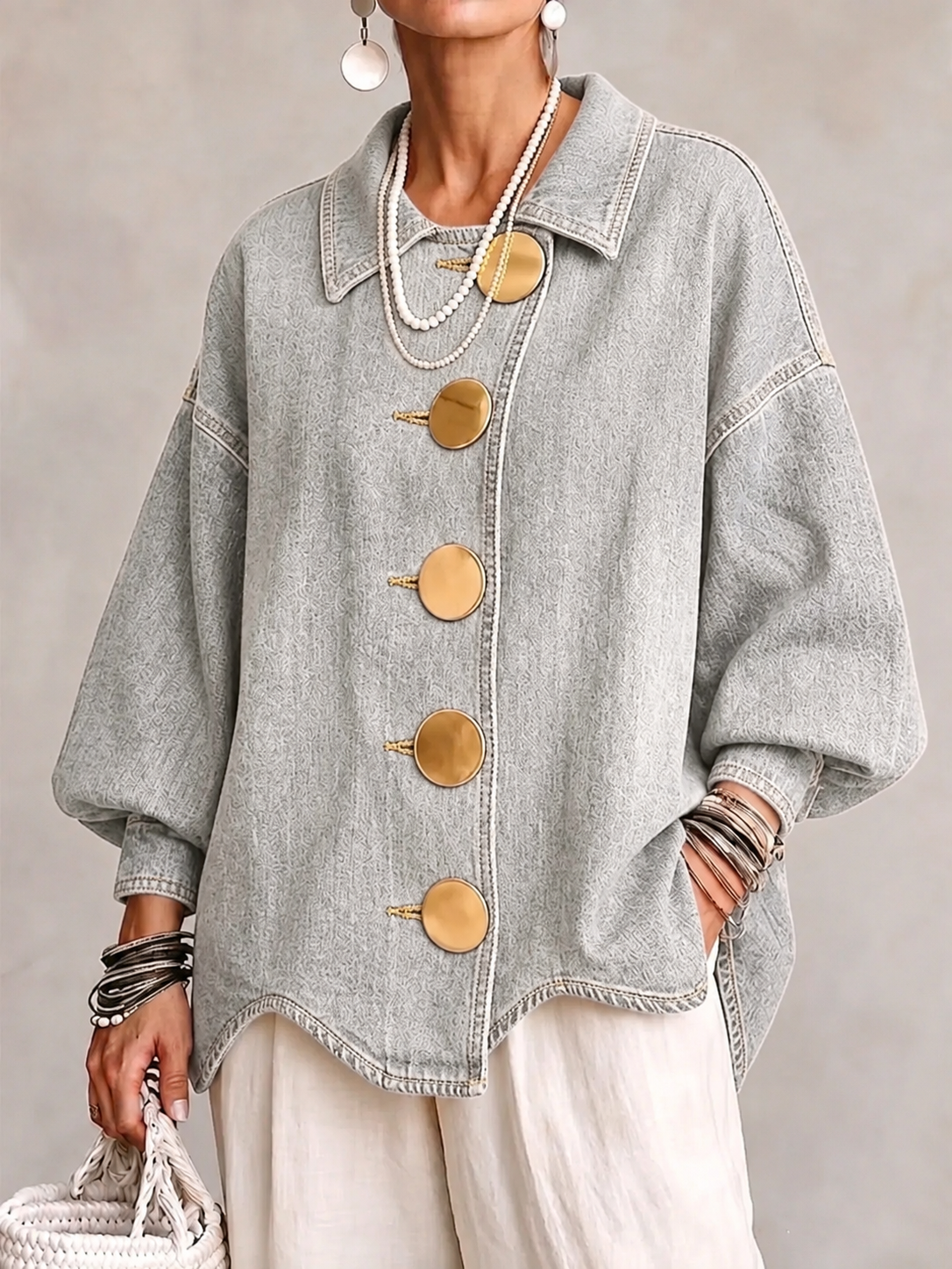 Collared Oversized Denim Jacket With Large Metal Buttons