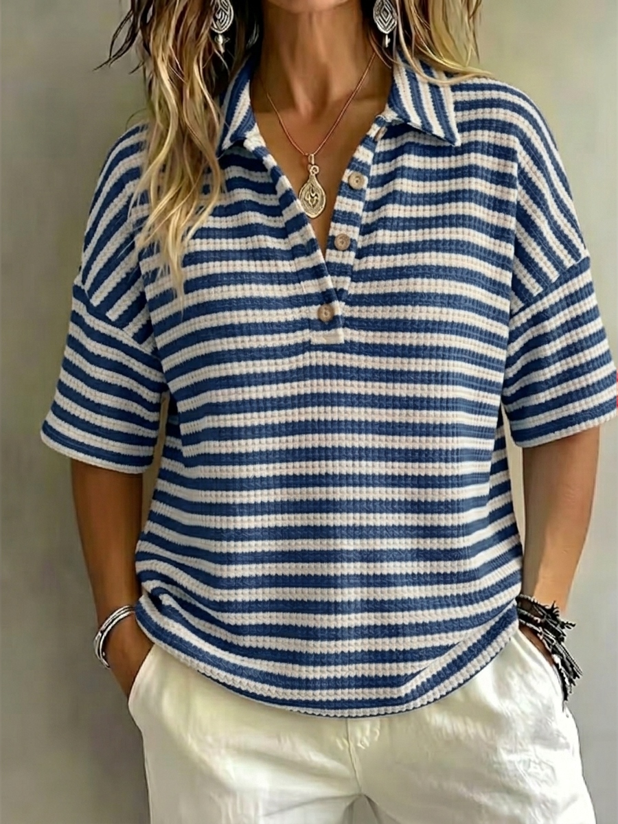 New Arrival 🔥Women'S Fashion Striped Waffle Short-Sleeved Polo Shirt