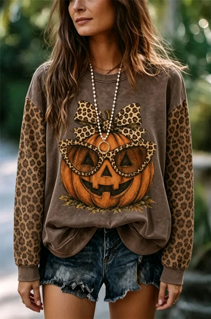 Vintage Halloween Leopard Pumpkin Print Sweatshirt