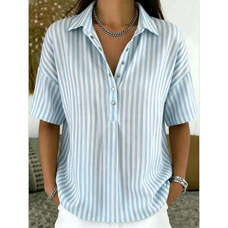 Women's Striped Short-Sleeve Shirt – Relaxed Fit, V Neck, 9 Colors 🍂