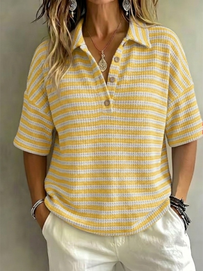 New Arrival 🔥Women'S Fashion Striped Waffle Short-Sleeved Polo Shirt
