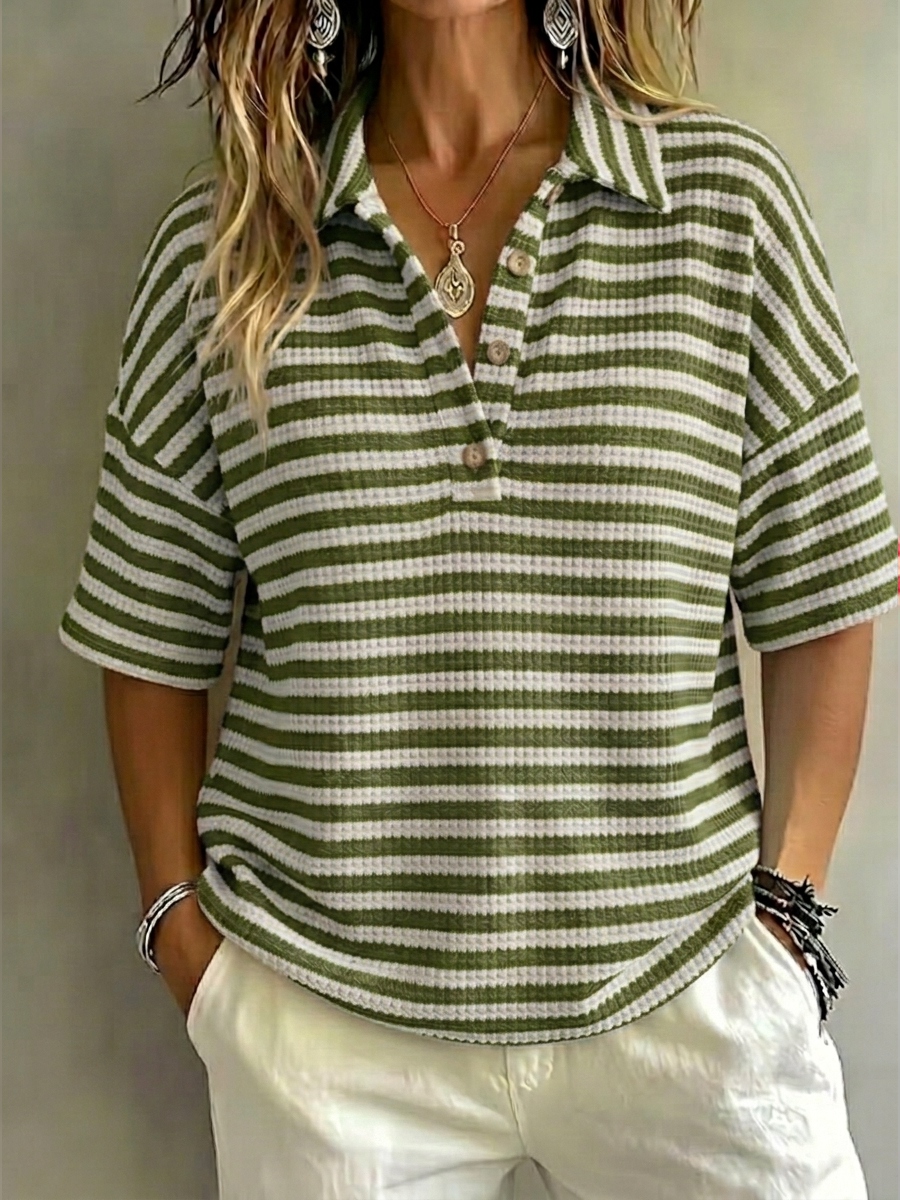 New Arrival 🔥Women'S Fashion Striped Waffle Short-Sleeved Polo Shirt
