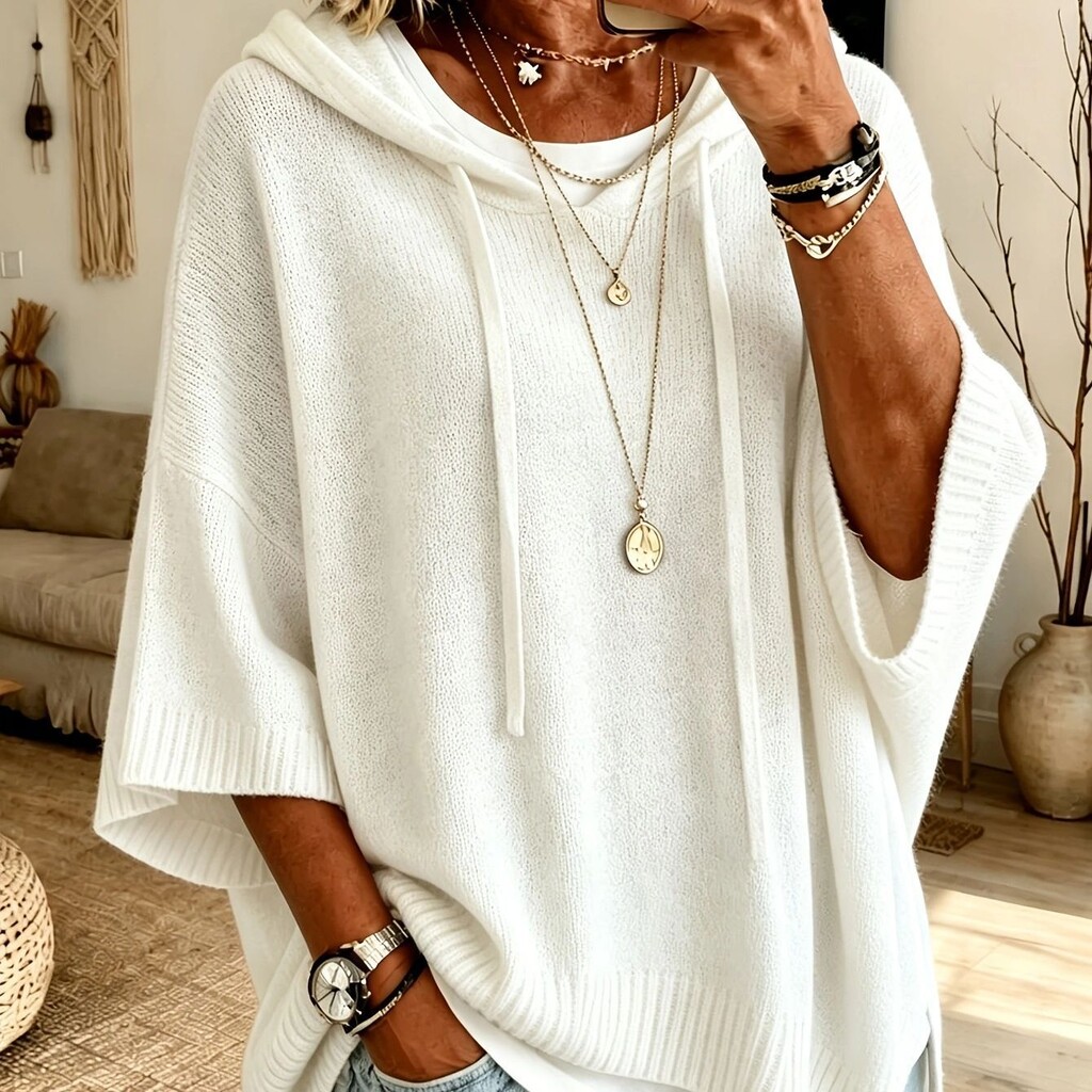 Womens Solid Hoodies Sweater 3/4 Sleeves Drawstring Loose Knit Pullover Sweater