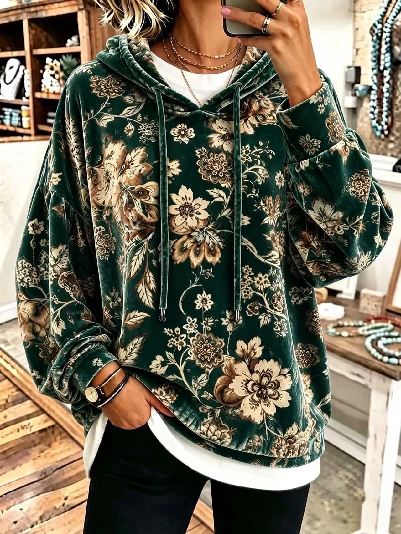 Vintage Floral Velour Drawstring Hoodie