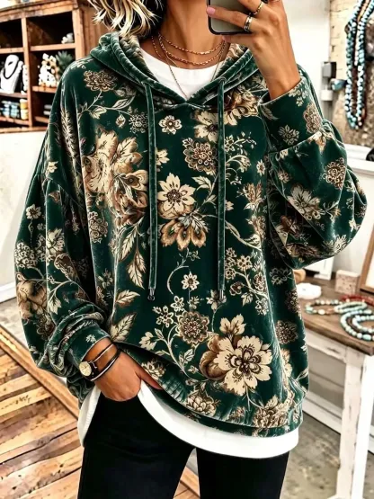 Vintage Floral Velour Drawstring Hoodie