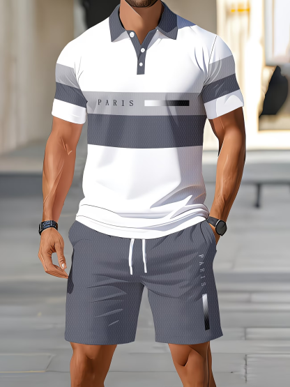 ⏰ Último día: ¡50% de descuento! 🔥 Conjunto de verano para hombre con polo a rayas y pantalones cortos.
