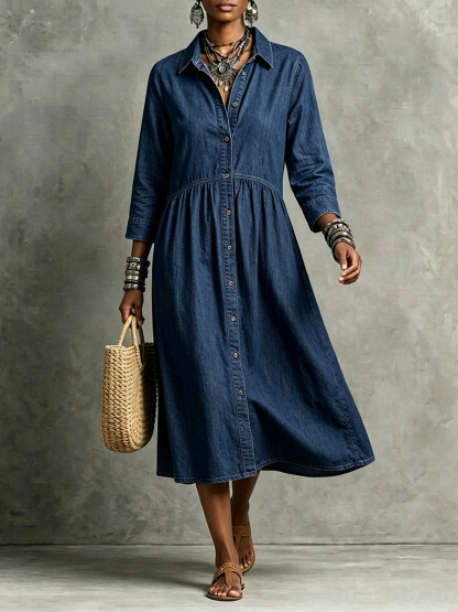 【Buy 2 Free Shipping】CLEARANCE🔥 Vintage-Inspired Button Front Denim Midi Dress