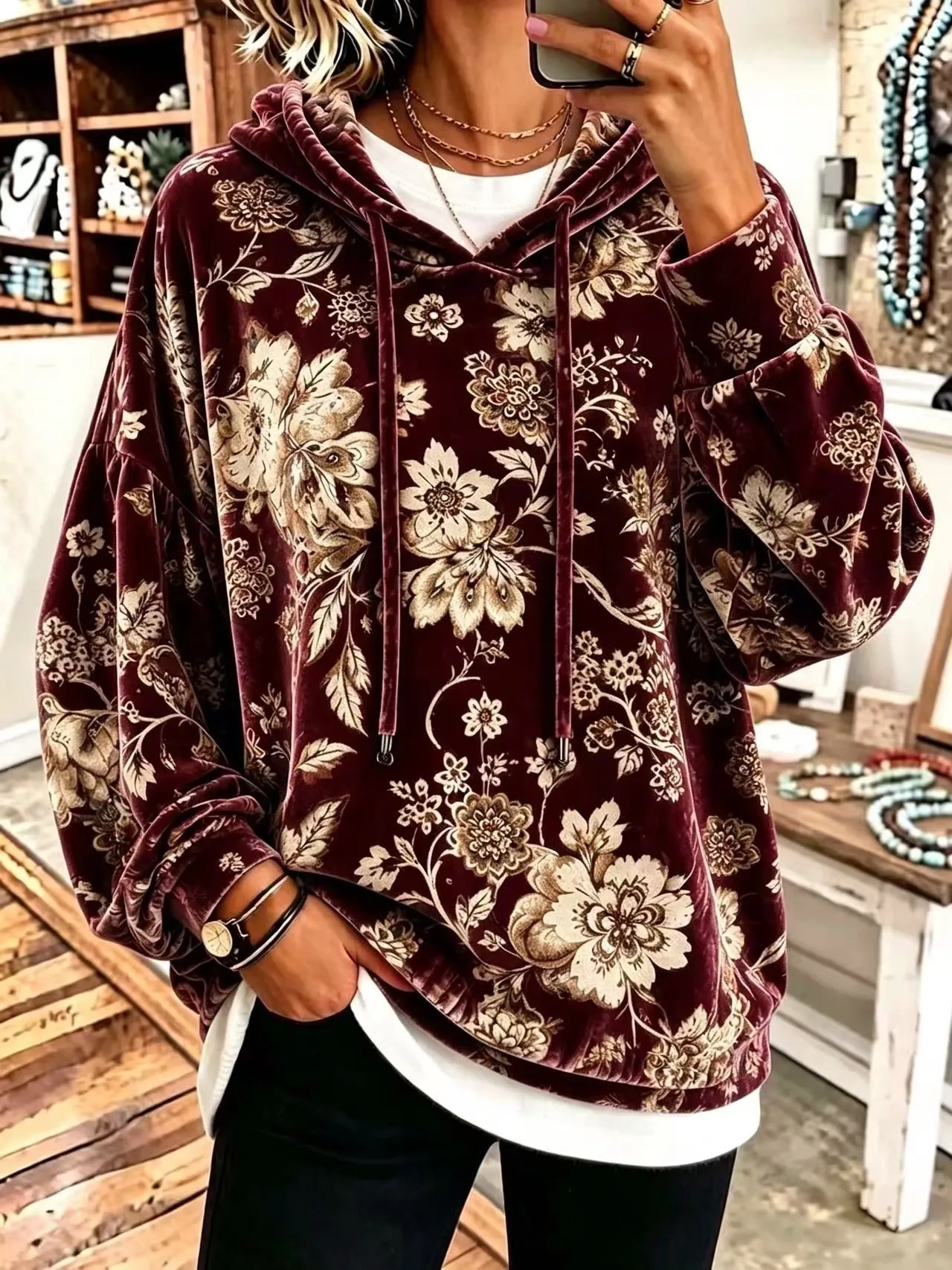 Vintage Floral Velour Drawstring Hoodie