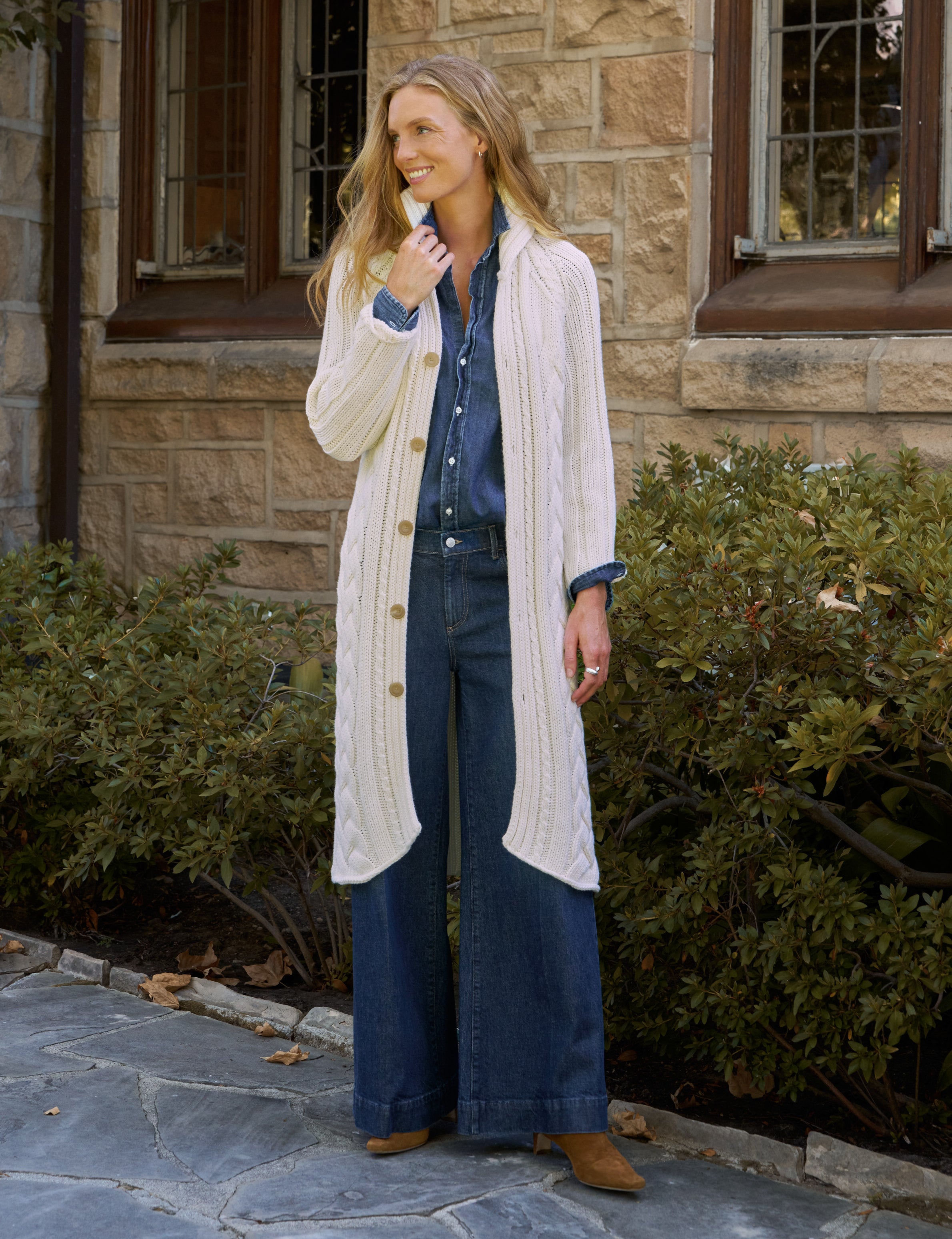 Women’s Cable Knit Long Cardigan, Button Down Stand Collar Sweater Coat