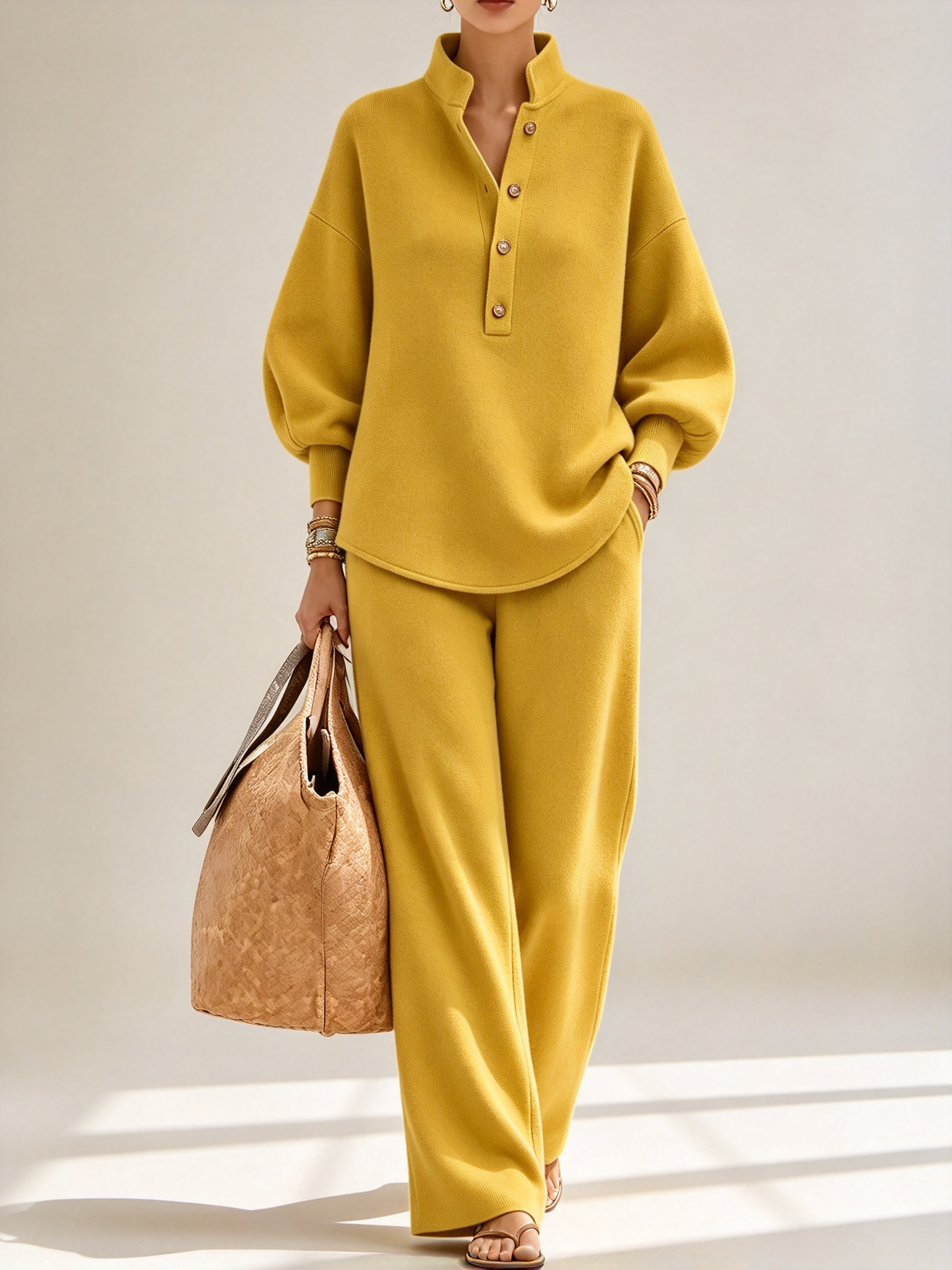 Women's Stand Collar Button Loose Sweatshirt Wide Leg Pants 2 Piece Casual Outfit Set