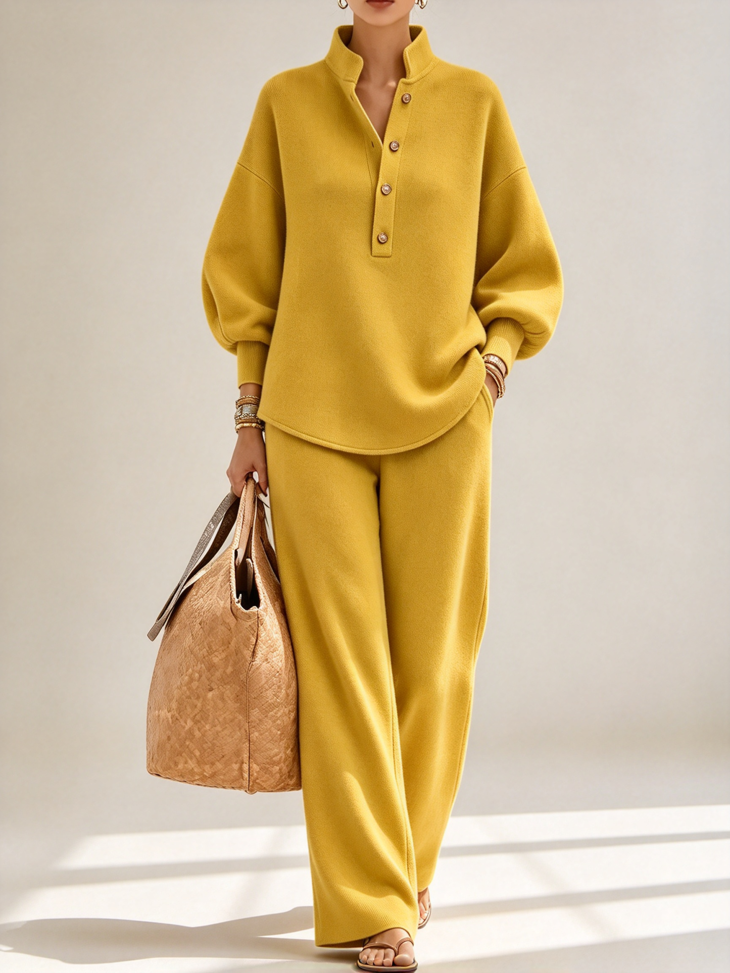 Women's Stand Collar Button Loose Sweatshirt Wide Leg Pants 2 Piece Casual Outfit Set