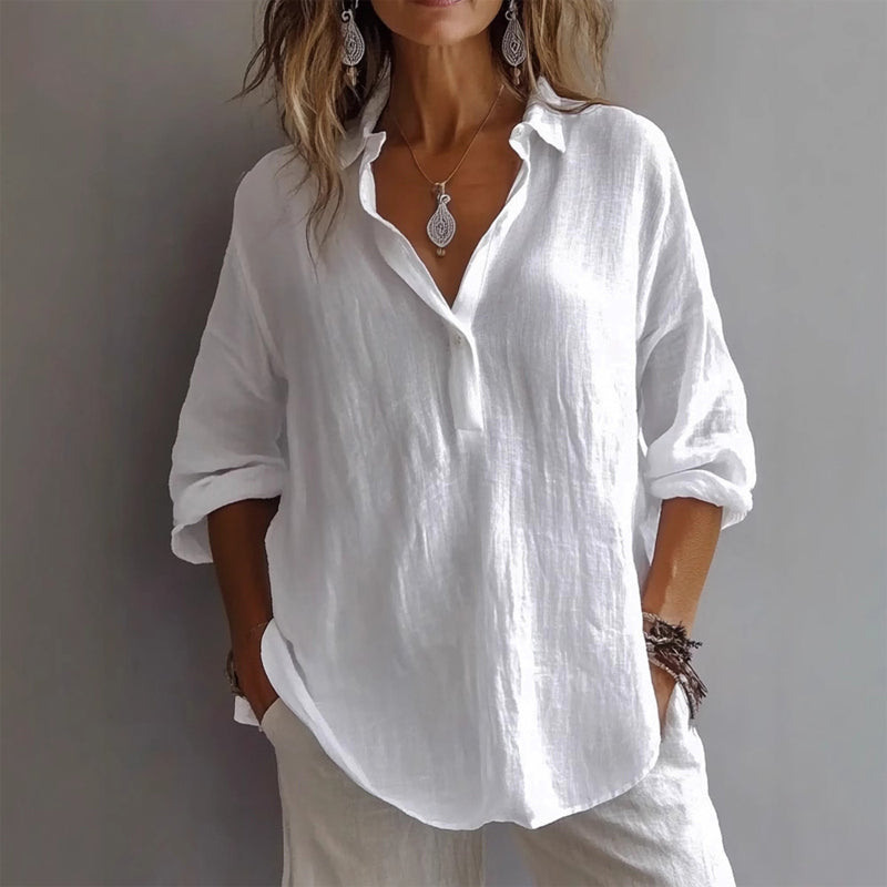 Women Lapel Half Button Long Sleeve Blouse Top