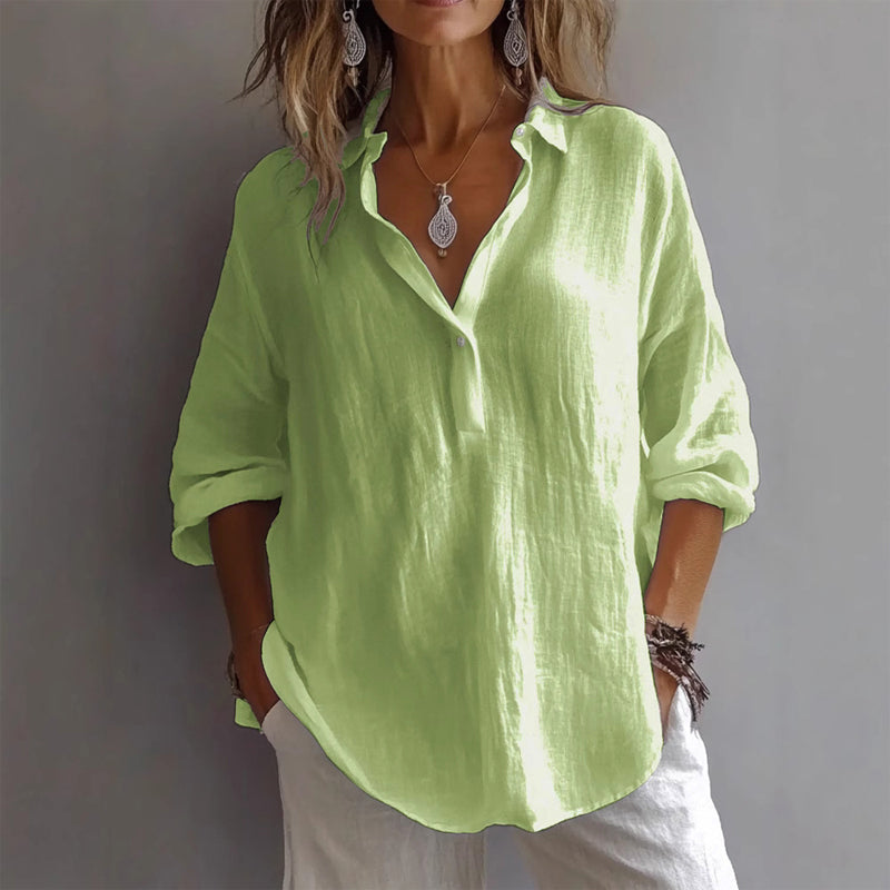 Women Lapel Half Button Long Sleeve Blouse Top