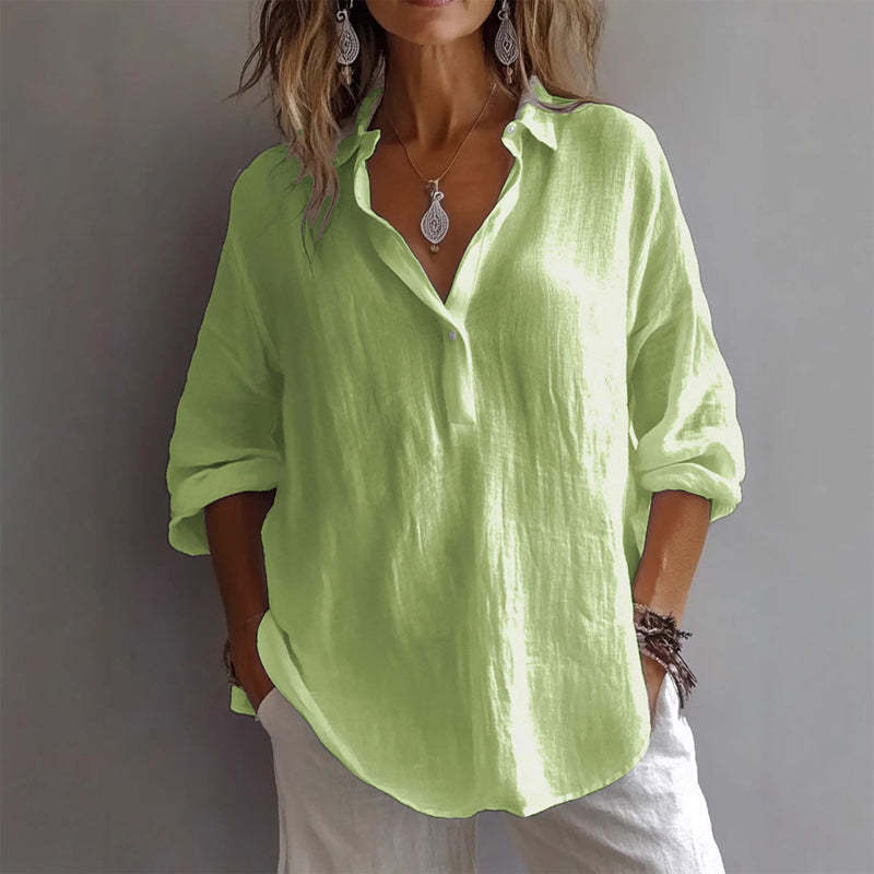 Women Lapel Half Button Long Sleeve Blouse Top
