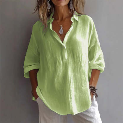 Women Lapel Half Button Long Sleeve Blouse Top