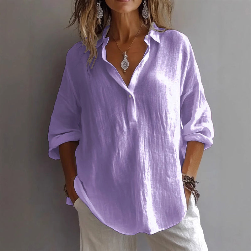 Women Lapel Half Button Long Sleeve Blouse Top