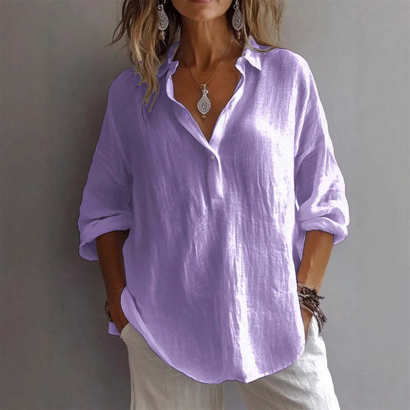 Women Lapel Half Button Long Sleeve Blouse Top