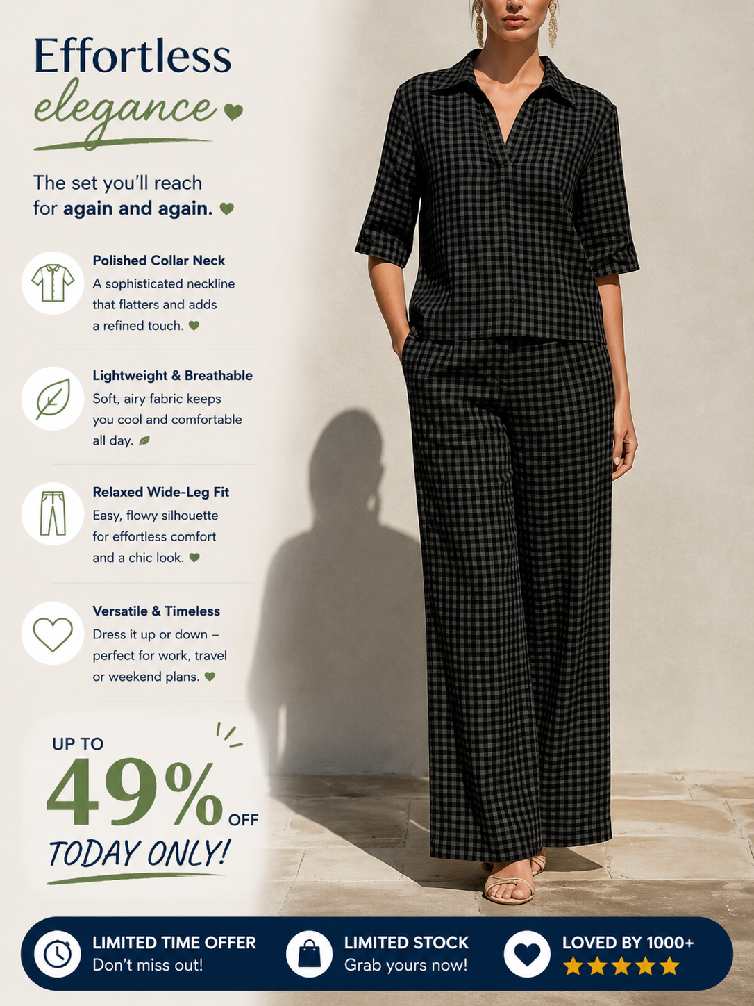 【Buy 2 Free Shipping】Today $39.99 Clearance Price🔥Women’s Cotton Linen Gingham V-Neck Wide Leg Set