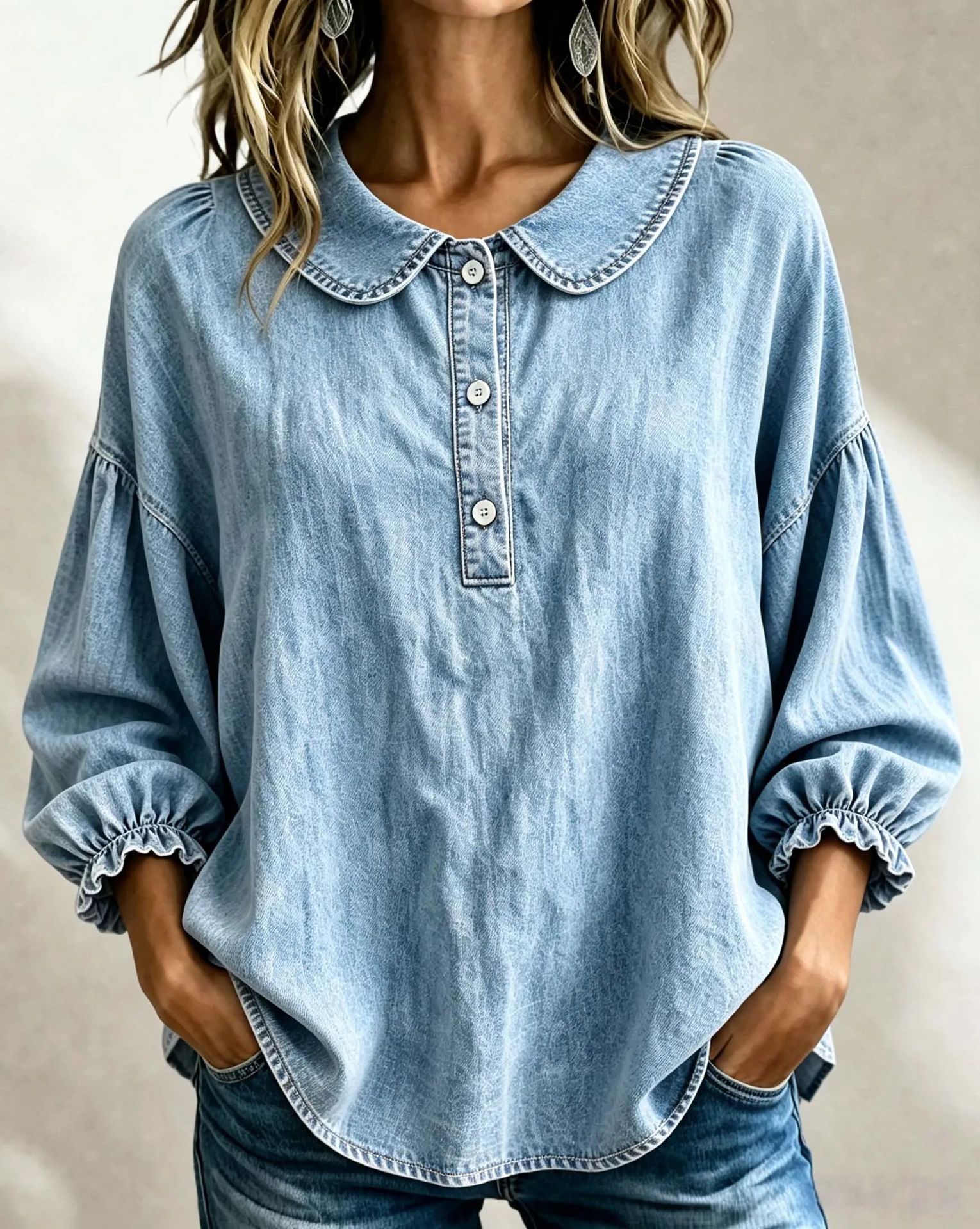 Today 49% off🔥Women’s Denim Square-Neck Three-Quarter Sleeve Top