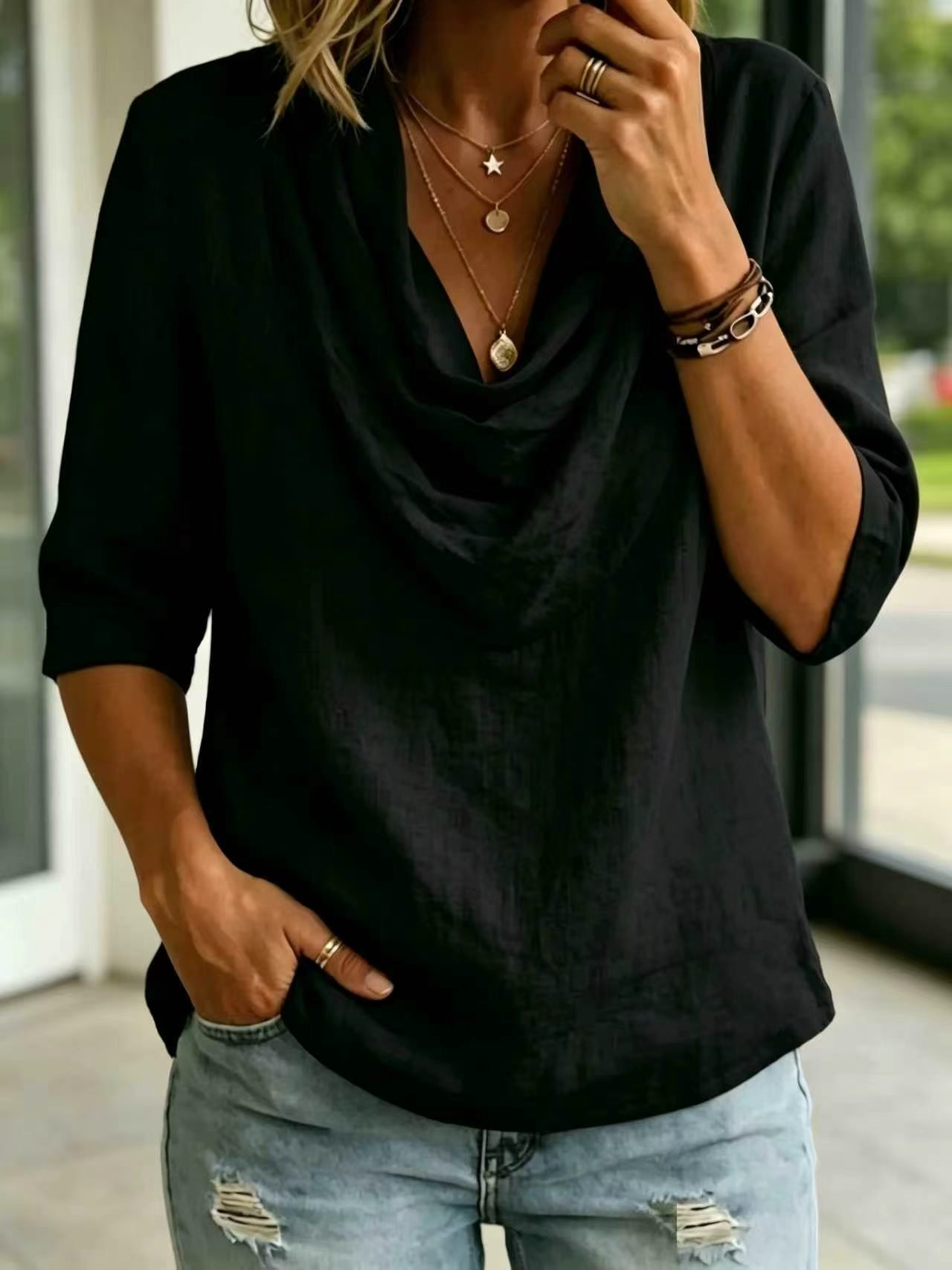 Cowl Neck Shirts for Women 3/4 Sleeve Comfy Casual Cotton Linen Tee Tops Summer Beach Boho Vacation Blouses