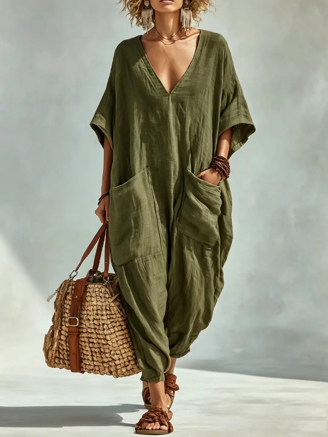 50% OFF NOW - Oversized Linen-look Cotton V-neck Harem Jumpsuit