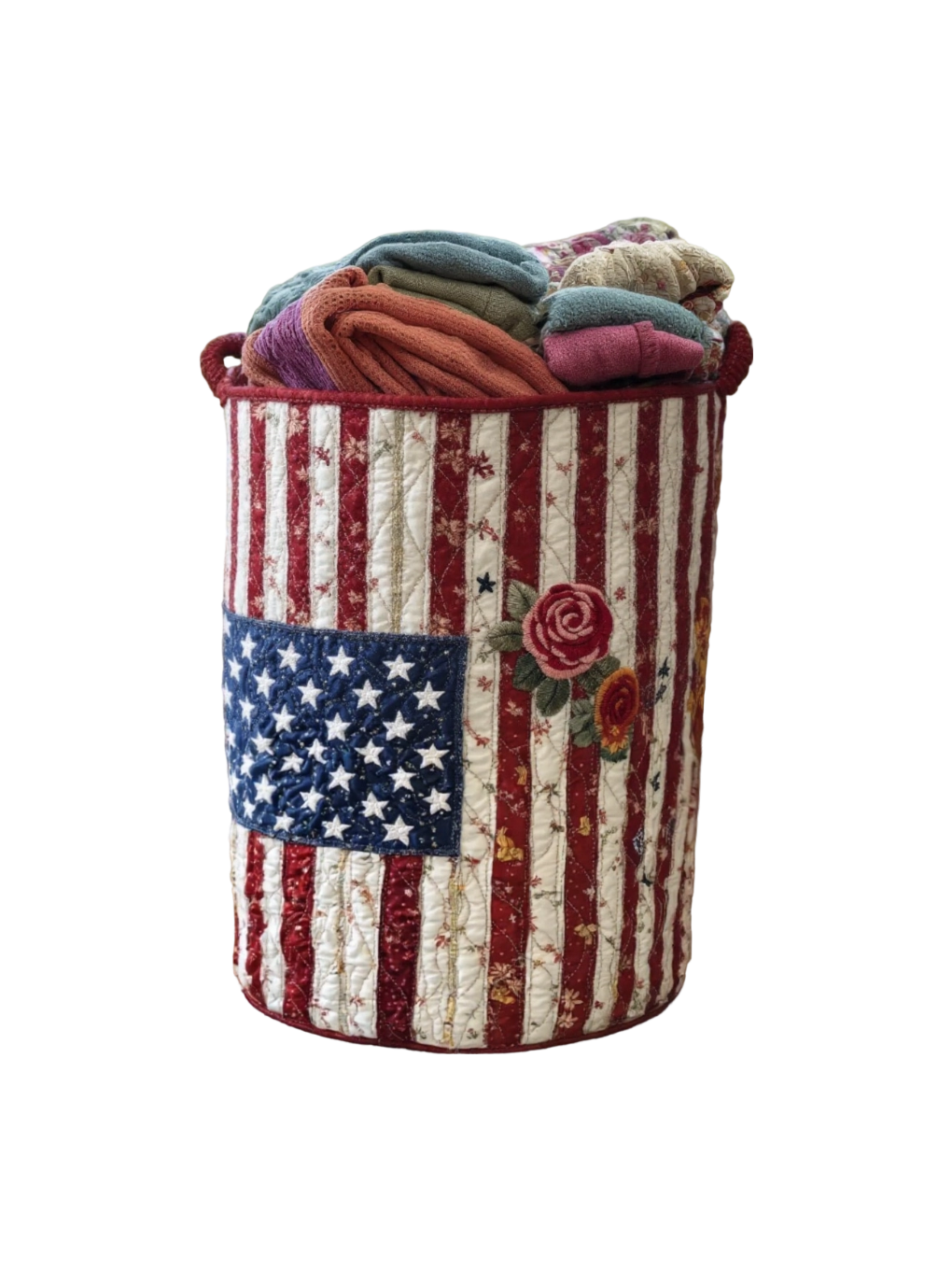 Patriotic Rose Appliqué Flag Laundry Basket