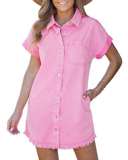 🔥Women's Button Down Frayed Hem Denim Shirt Dresses