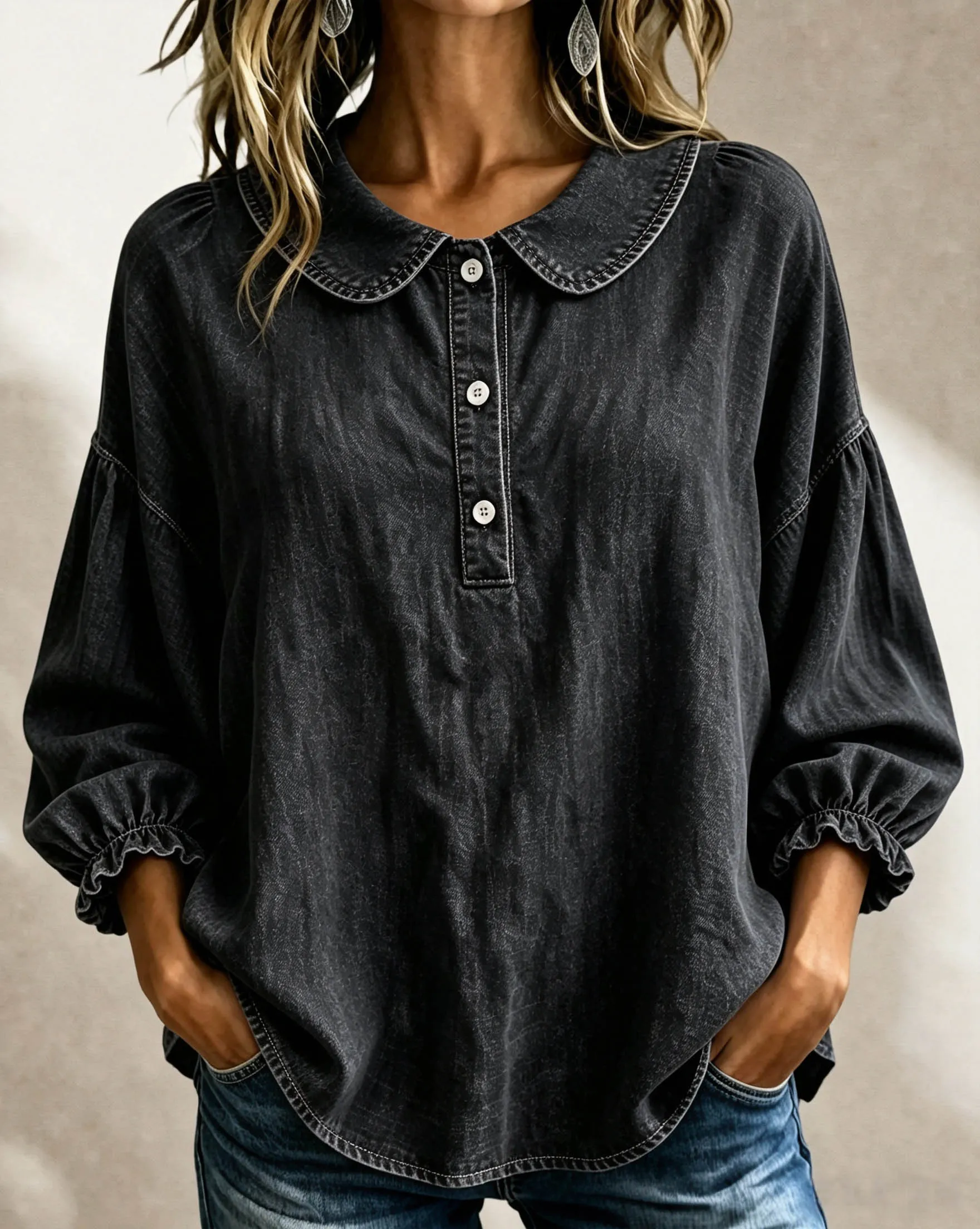 Today 49% off🔥Women’s Denim Square-Neck Three-Quarter Sleeve Top