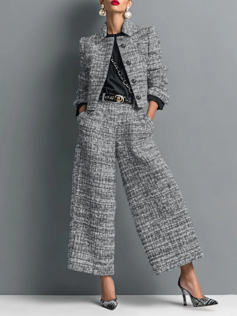 Tweed Cropped Jacket & High Waist Wide Leg Pants 2 Piece Set