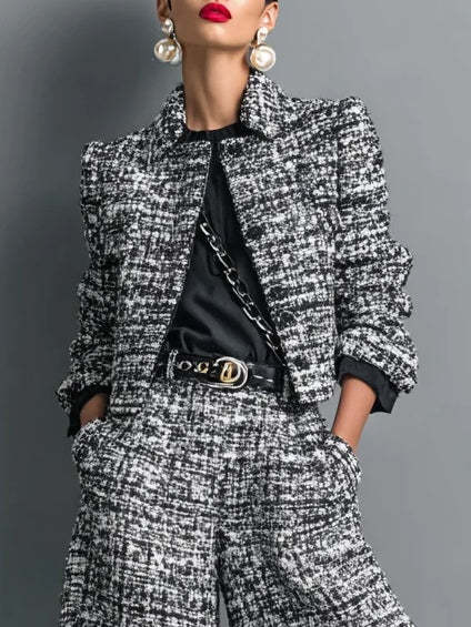 Tweed Cropped Jacket & High Waist Wide Leg Pants 2 Piece Set