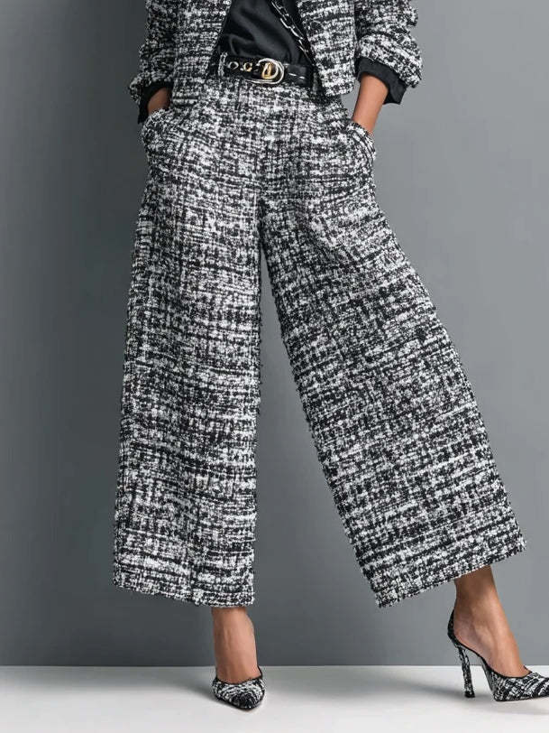 Tweed Cropped Jacket & High Waist Wide Leg Pants 2 Piece Set