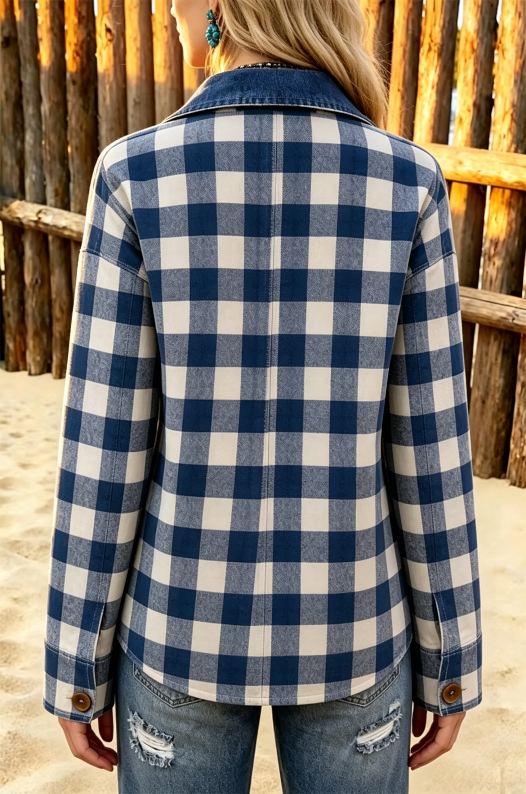 Classic Plaid Front Pocket Corduroy Collar Jacket