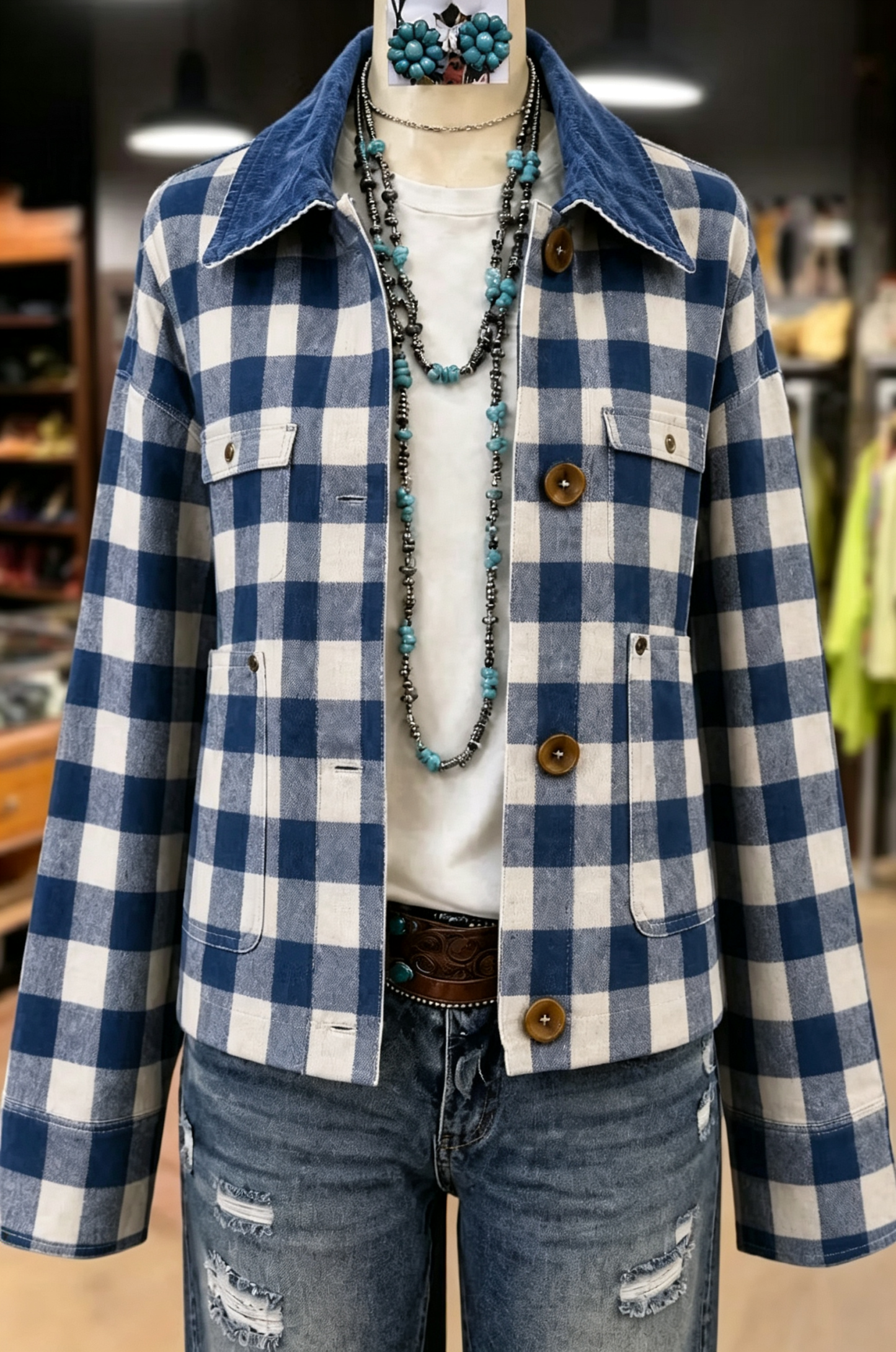 Classic Plaid Front Pocket Corduroy Collar Jacket