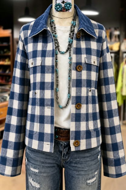 Classic Plaid Front Pocket Corduroy Collar Jacket