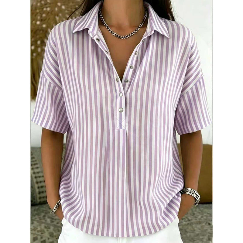 Women's Striped Short-Sleeve Shirt – Relaxed Fit, V Neck, 9 Colors 🍂