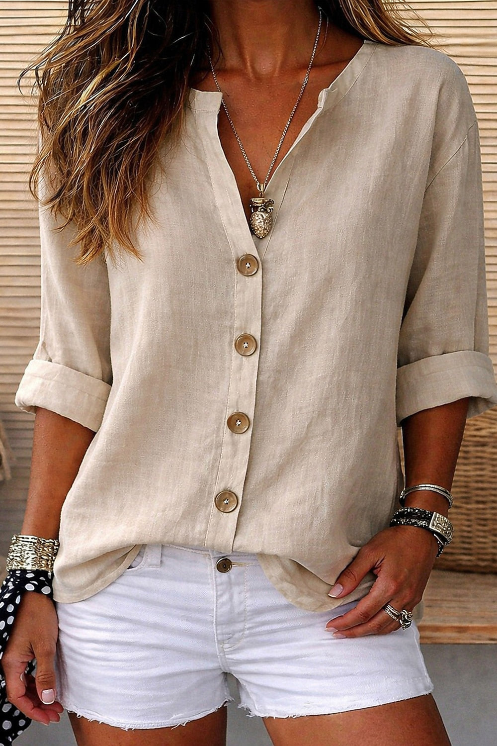 Women's Linen Button V-Neck Blouse Casual 3/4 Sleeve Top for Spring, Summer & Fall