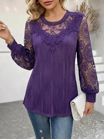 Women's Eyelet Top Boho Shirt Lace Shirt Elegant Bohemia Vacation Long Sleeve Long Tops Casual Daily Holiday