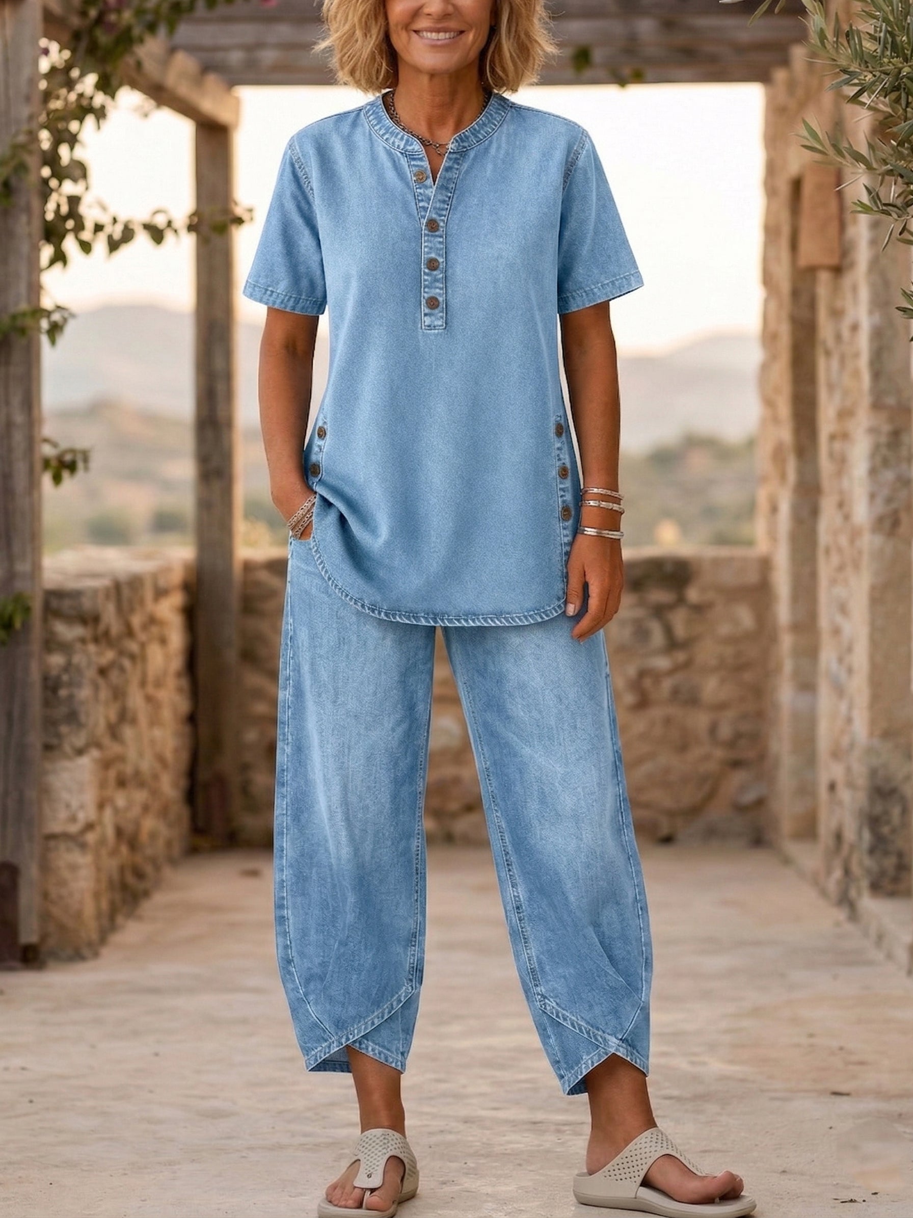 【Buy 2 Free Shipping】Women‘s Short-sleeve denim Two-piece set